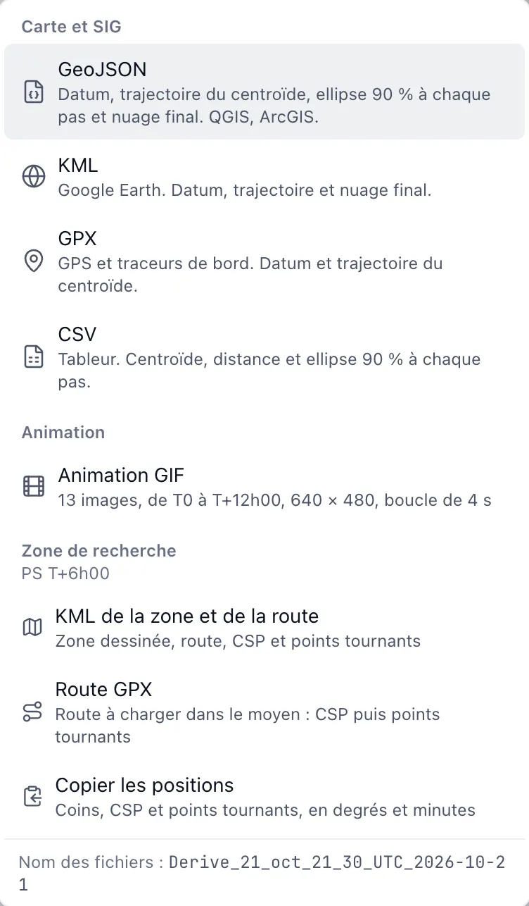 Menu Exporter : GeoJSON, KML, GPX, CSV, animation GIF, KML de la zone et de la route, route GPX, copie des positions.