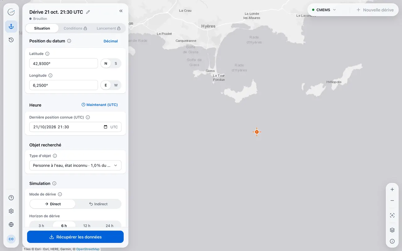 Étape Situation : formulaire du datum et marqueur au sud de Porquerolles.
