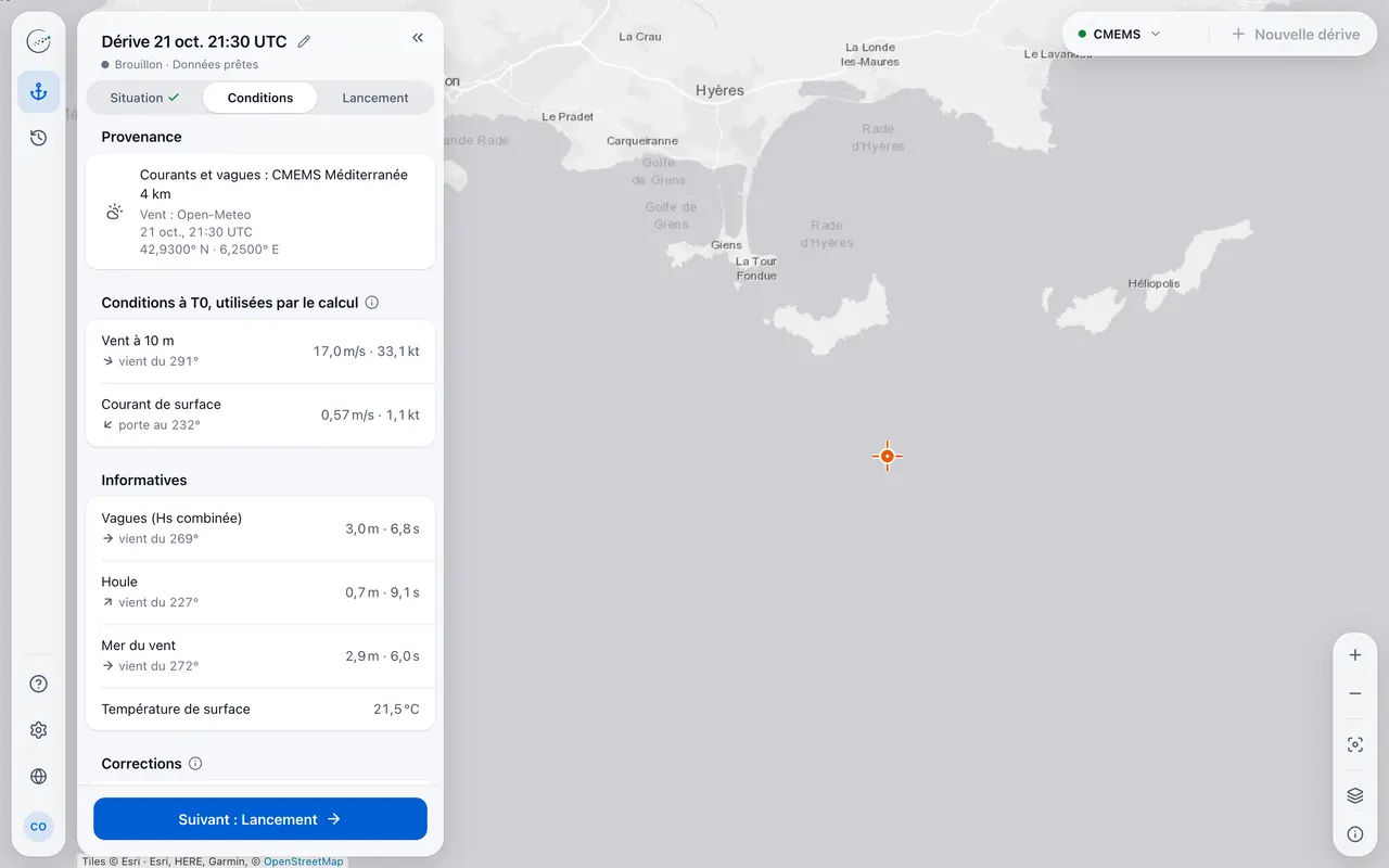 Étape Conditions : provenance des données, vent à 10 m, courant de surface, vagues, houle et température de surface.