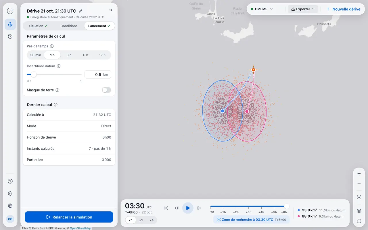 Panneau Dernier calcul : 3 000 particules, instants calculés au pas d'une heure, nuage et ellipses à T+6h.