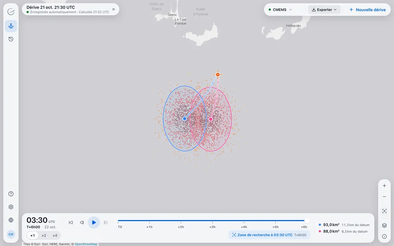 Résultat à T+6h : nuage étendu, deux ellipses et leurs centroïdes.