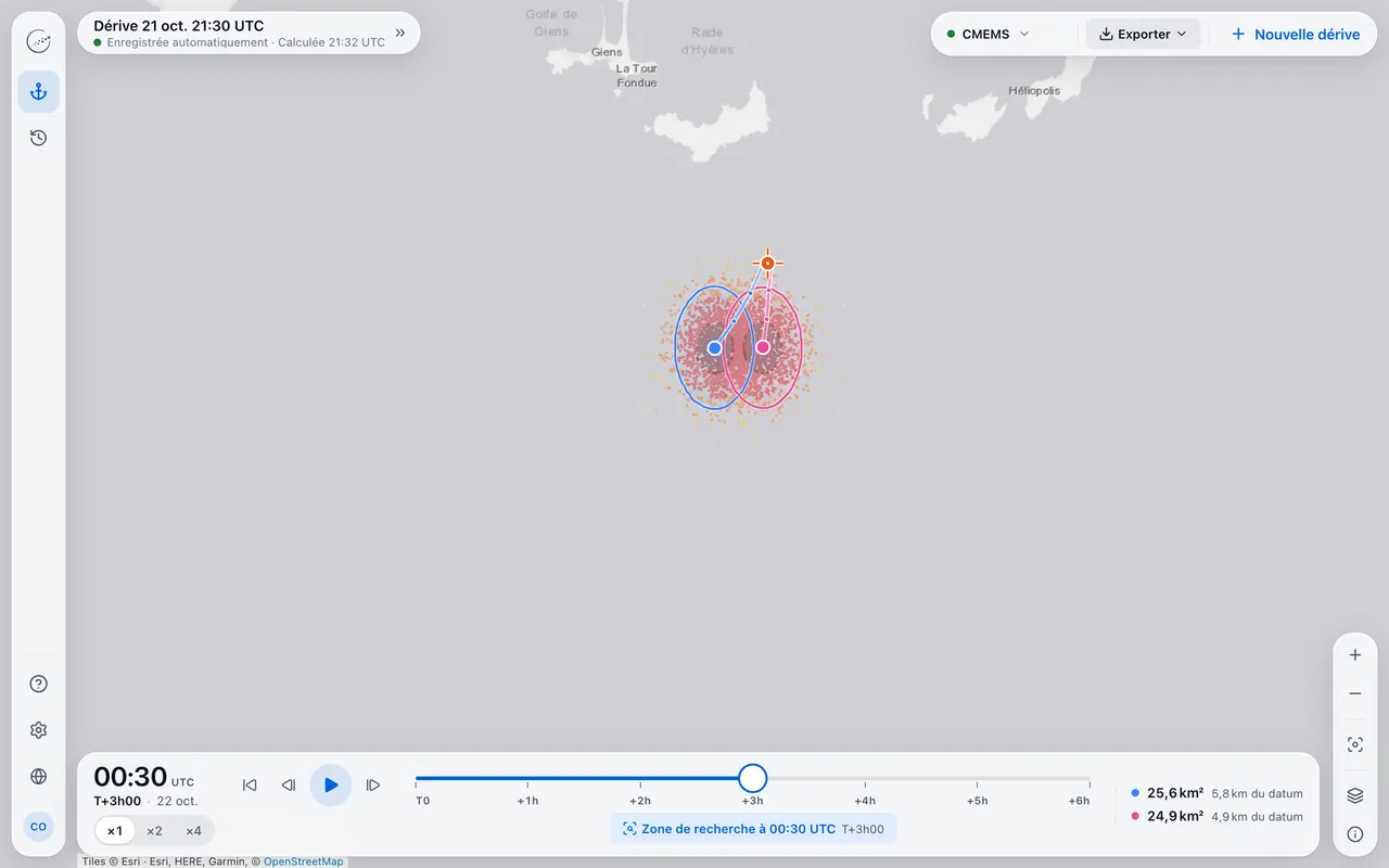 Résultat à T+3h : nuage resserré et deux ellipses près du datum.