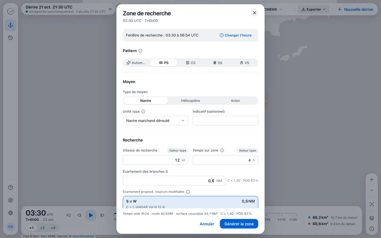 Fenêtre Zone de recherche : motifs PS, CS, SS et VS, moyen, vitesse, temps sur zone et écartement IAMSAR proposé.