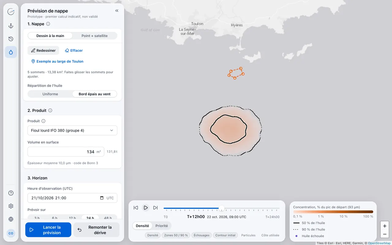 Prévision de nappe au large de Toulon, fioul lourd IFO 380, carte de concentration à T+12h avec les zones à 50 et 90 %.