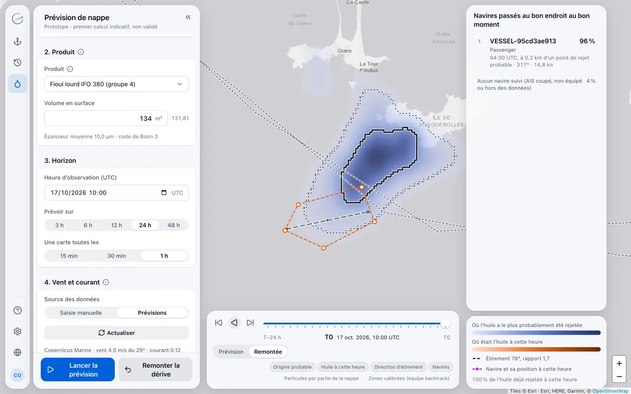 Remontée vers l'origine probable, routes AIS et liste des navires passés au bon endroit au bon moment, un navire anonymisé classé en tête.