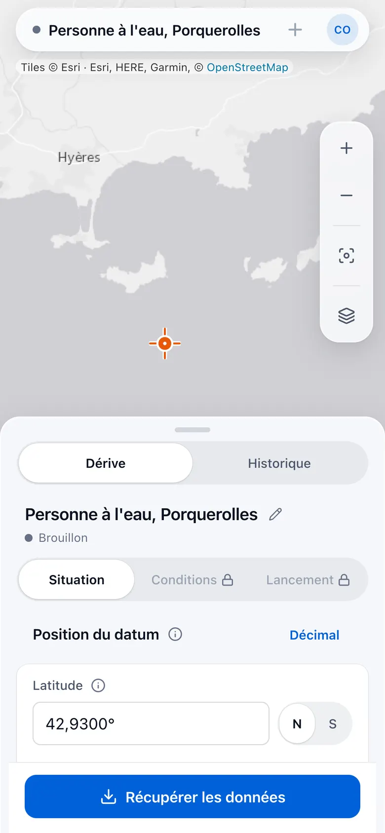 Sur téléphone : saisie du datum, carte et feuille Situation.