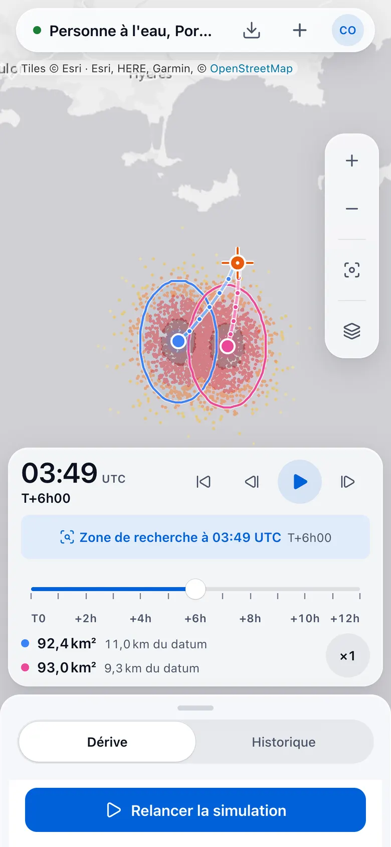 Sur téléphone : nuage et ellipses à T+6h.