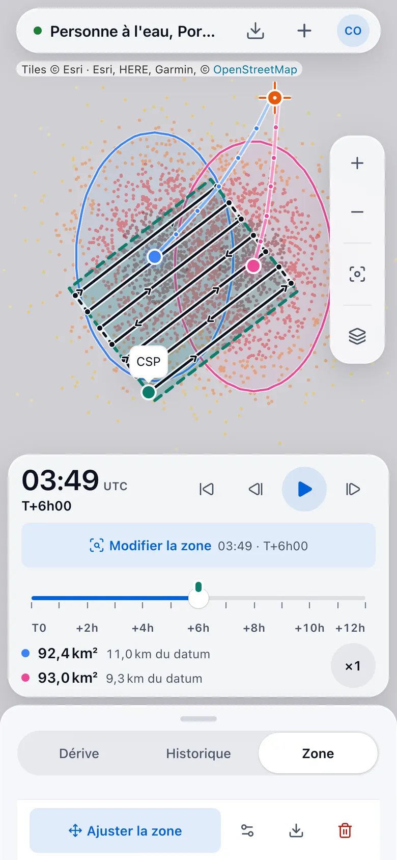 Sur téléphone : zone en balayage parallèle générée.