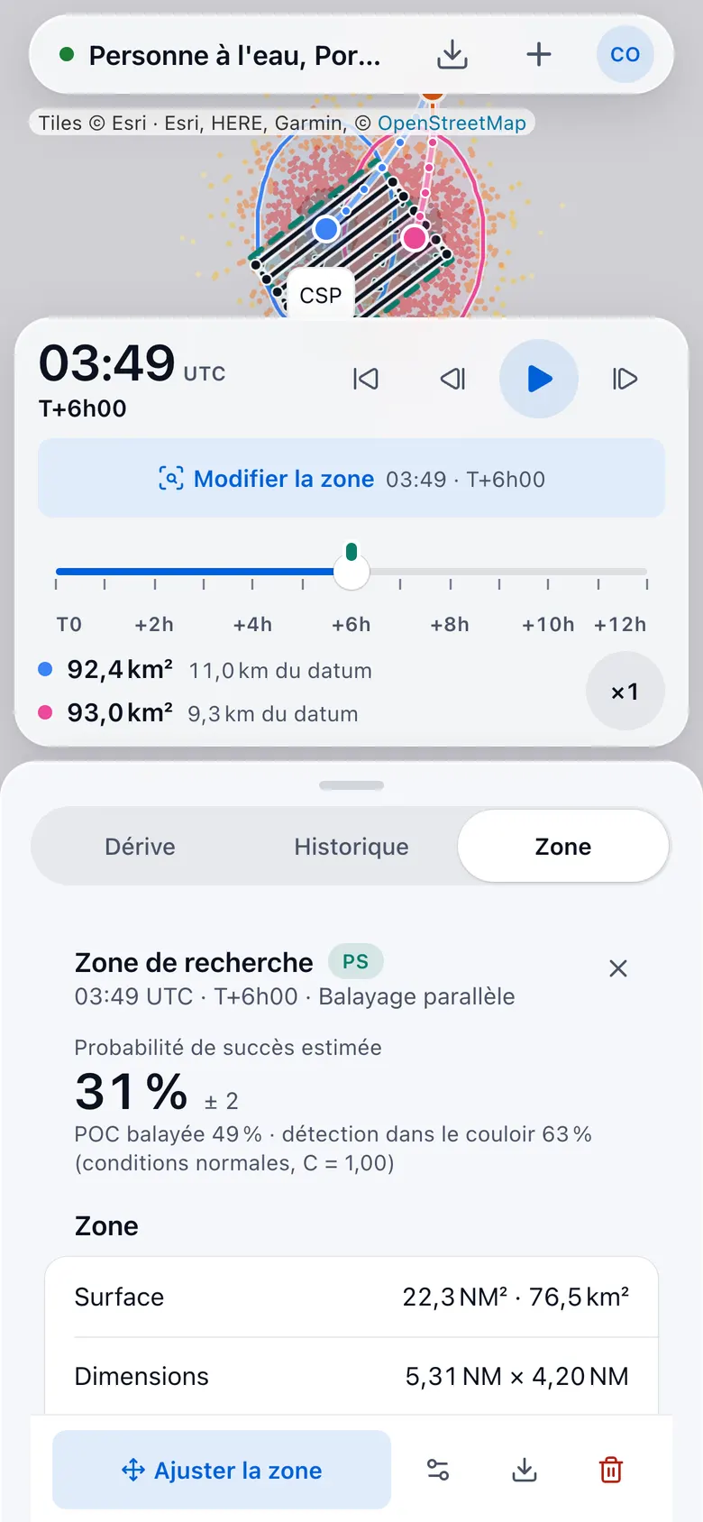 Sur téléphone, la feuille Zone : probabilité de succès estimée 31 %, surface et dimensions.