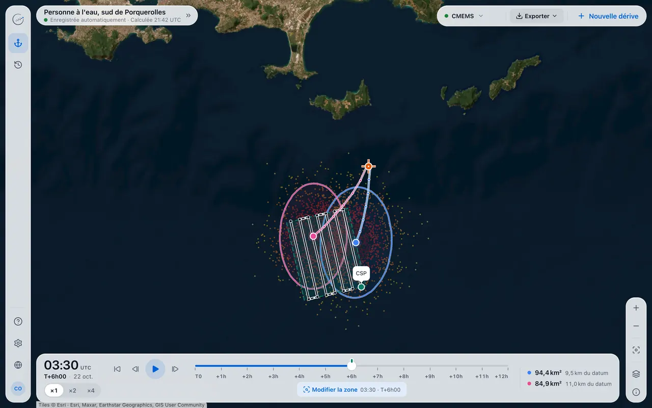 Capture de SAR DRIFT sur fond satellite au sud de Porquerolles : nuage de trajectoires, deux ellipses à 90 %, zone de recherche en balayage parallèle et son point de départ.